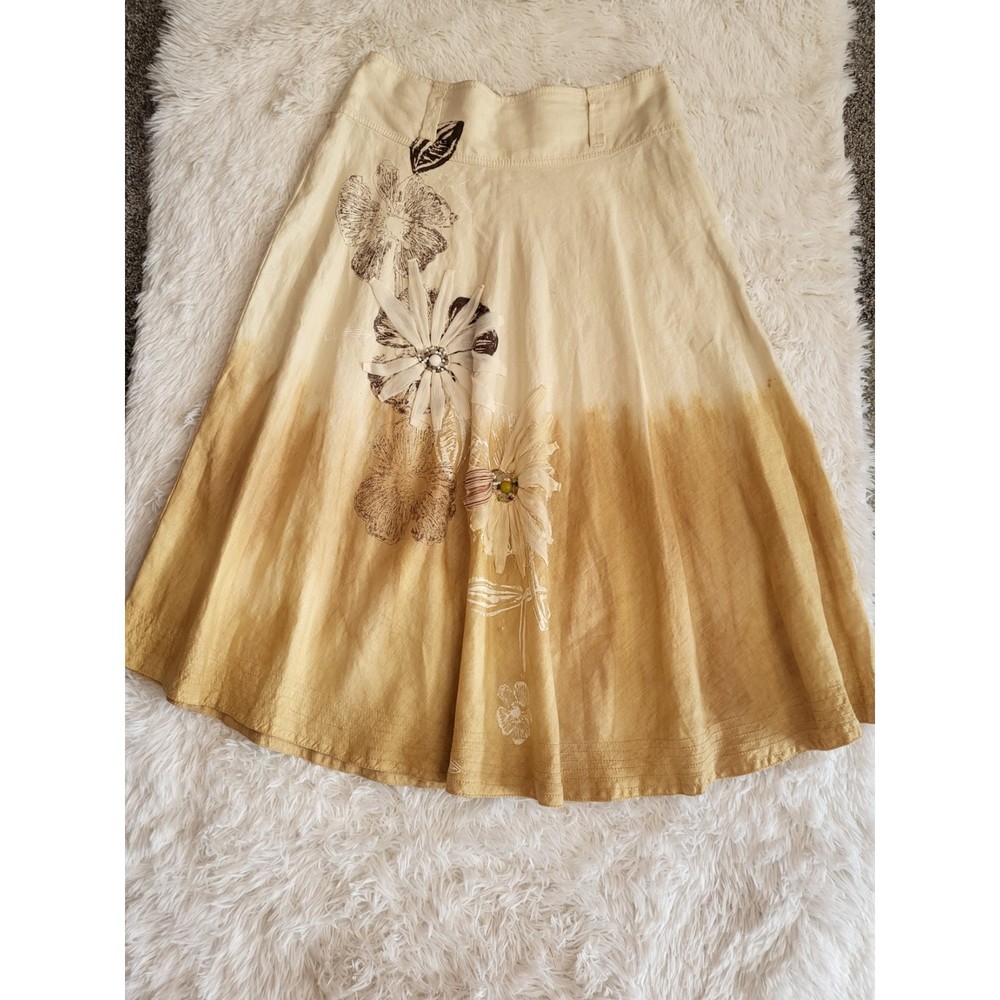 NWT Nice Collection Skirt Women's Sz EU42 35" Waist Cream Brown Floral Beads Art